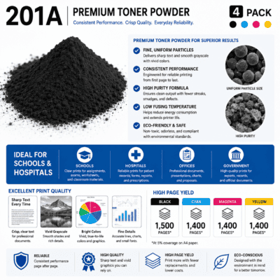 Black toner powder for high-quality printing and consistent results. Ideal for schools, hospitals, o.