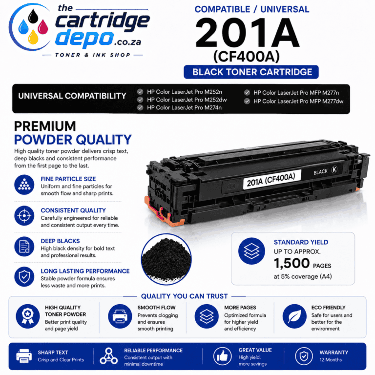 Compatible with 201A (CF400A) toner cartridges for laser printers.
