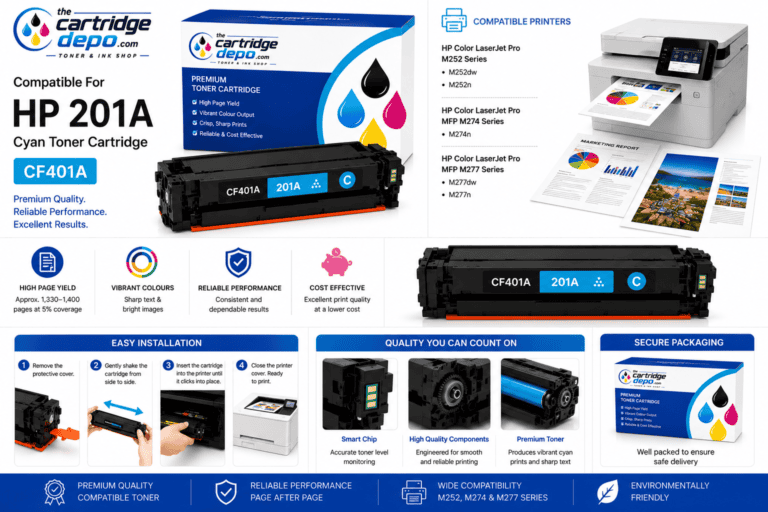 HP 201A Cyan Toner Cartridge for HP printers, compatible with M252 series, ensures high-quality prin.