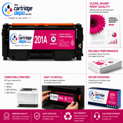 Compatible magenta toner cartridge for HP LaserJet Pro printers, high-quality print output.