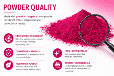 Powder quality magenta toner powder for high-quality printing.