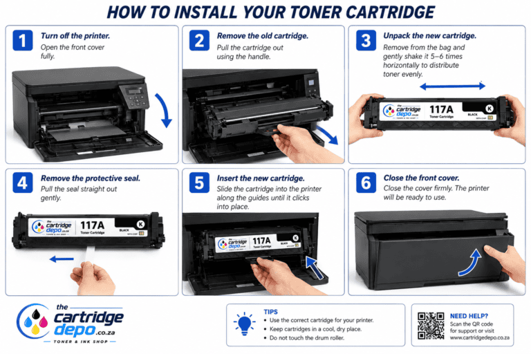 Step-by-step guide to installing your toner cartridge at The Cartridge Depo South Africa.