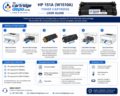 Ensure proper installation of HP 151A toner cartridge for optimal printing performance.
