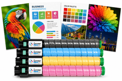 A colorful parrot with printer ink cartridges and printed materials, representing printing supplies.