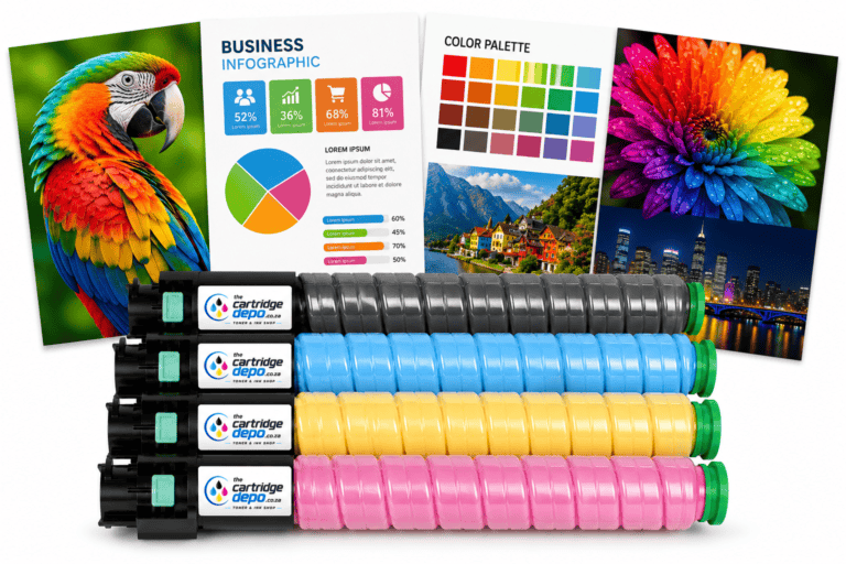 A colorful parrot with printer ink cartridges and printed materials, representing printing supplies.