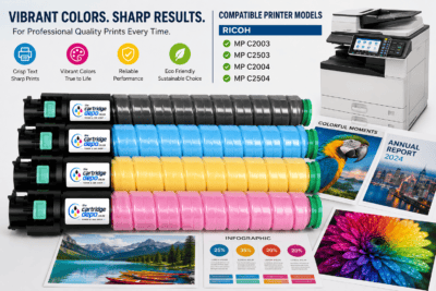 Colorful toner cartridges for Ricoh printers at The Cartridge Depo South Africa.