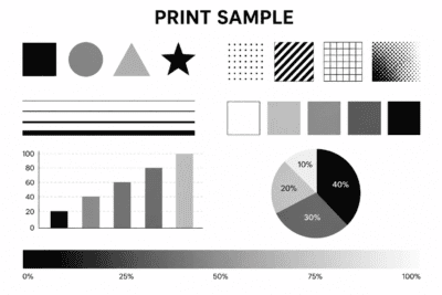 High-quality printer test pattern with geometric shapes, lines, and charts for calibration and color.