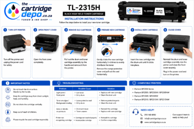 High yield toner cartridge TL-2315H for black printing, easy installation.