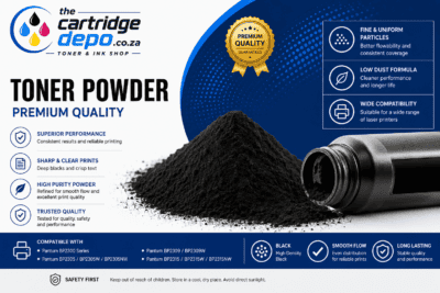 Toner powder in black for high-quality printing and reliable performance.