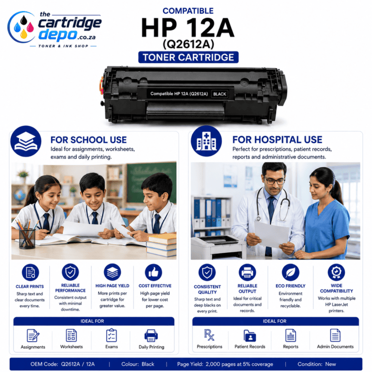 HP 12A toner cartridge compatible with laser printers, ideal for school and hospital use.