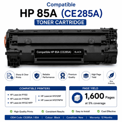 HP 85A toner cartridge compatible with HP LaserJet printers, black toner, high page yield, eco-frien.