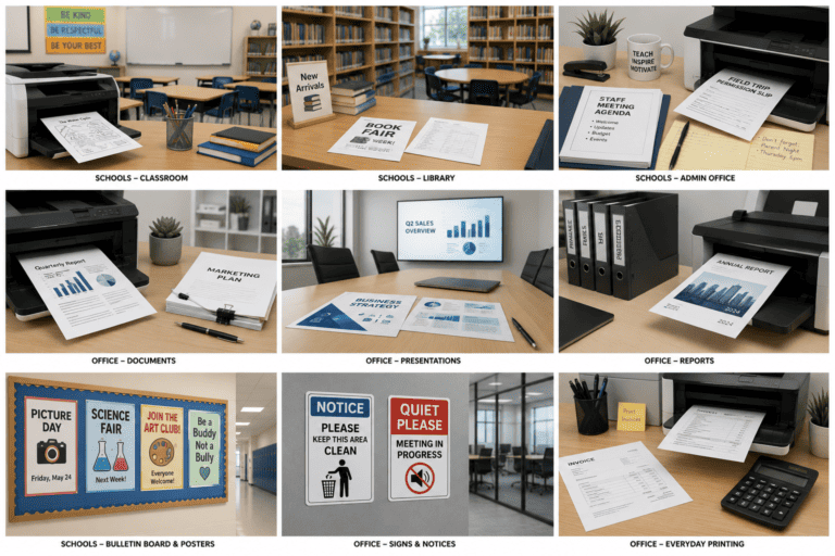 School classroom, library, office supplies, documents, and printing equipment in South Africa.
