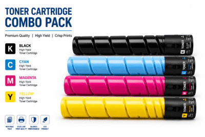 Black, cyan, magenta, and yellow toner cartridges in a combo pack for high-quality printing.